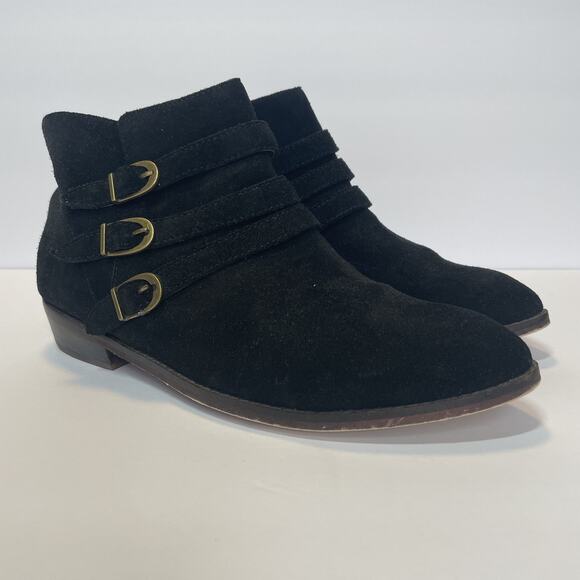 Latigo Shoes Womens Size 8 Black Suede Ankle Booties Triple Buckle Strap - Picture 1 of 12